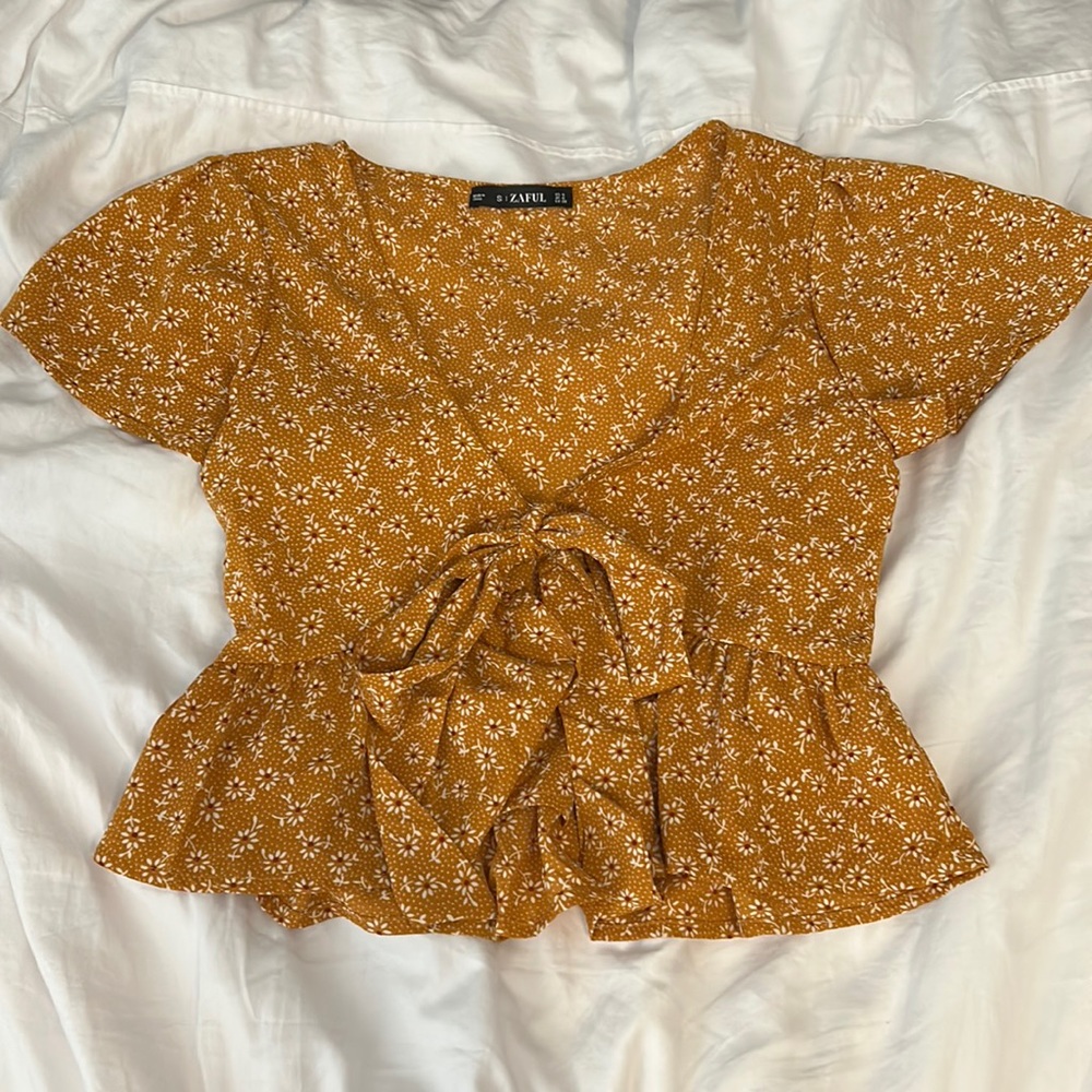 Zaful tie-front shirt, size S, color burnt yellow w/ white/burgundy detail